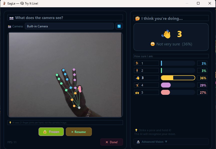 EagLe Junior — Live hand detection showing 21 finger joint landmarks in real time